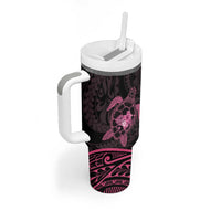 Pink Black Polynesia Floral Sea Turtle Tumbler With Handle LT14 - Polynesian Pride