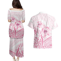 Pink White Polynesia Floral Sea Turtle Couples Matching Puletasi and Hawaiian Shirt LT14 - Polynesian Pride