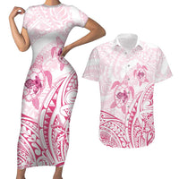 Pink White Polynesia Floral Sea Turtle Couples Matching Short Sleeve Bodycon Dress and Hawaiian Shirt LT14 White - Polynesian Pride