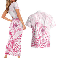 Pink White Polynesia Floral Sea Turtle Couples Matching Short Sleeve Bodycon Dress and Hawaiian Shirt LT14 - Polynesian Pride