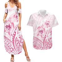 Pink White Polynesia Floral Sea Turtle Couples Matching Summer Maxi Dress and Hawaiian Shirt LT14 White - Polynesian Pride