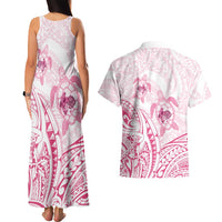 Pink White Polynesia Floral Sea Turtle Couples Matching Tank Maxi Dress and Hawaiian Shirt LT14 - Polynesian Pride