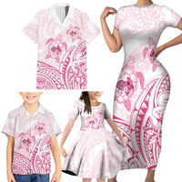 Pink White Polynesia Floral Sea Turtle Family Matching Short Sleeve Bodycon Dress and Hawaiian Shirt - Polynesian Pride