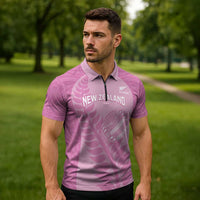 Custom New Zealand Silver Fern Rugby 2025 Zipper Polo Shirt All Black Aotearoa Maori Pink - Polynesian Pride