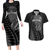 Custom New Zealand Silver Fern Rugby 2025 Couples Matching Long Sleeve Bodycon Dress and Hawaiian Shirt Go Champions Aotearoa Maori Black
