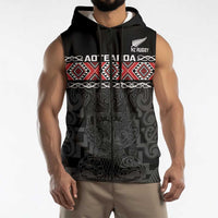 Custom New Zealand Silver Fern Rugby Sleeveless Zip Hoodie All Black Maori Taniko Pattern LT14 - Polynesian Pride
