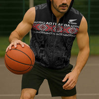 Custom New Zealand Silver Fern Rugby Sleeveless Zip Hoodie All Black Maori Taniko Pattern LT14 - Polynesian Pride