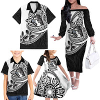 Philippines Eagle Sun Family Matching Off The Shoulder Long Sleeve Dress and Hawaiian Shirt Filipino Agila Polynesian Tattoo Black Color