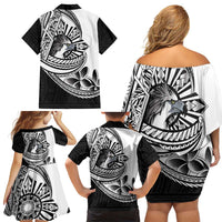 Philippines Eagle Sun Family Matching Off Shoulder Short Dress and Hawaiian Shirt Filipino Agila Polynesian Tattoo Black Color