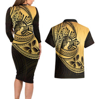 Philippines Eagle Sun Couples Matching Long Sleeve Bodycon Dress and Hawaiian Shirt Filipino Agila Polynesian Tattoo Gold Color