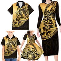 Philippines Eagle Sun Family Matching Long Sleeve Bodycon Dress and Hawaiian Shirt Filipino Agila Polynesian Tattoo Gold Color