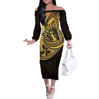 Philippines Eagle Sun Family Matching Off The Shoulder Long Sleeve Dress and Hawaiian Shirt Filipino Agila Polynesian Tattoo Gold Color