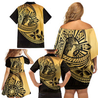 Philippines Eagle Sun Family Matching Off Shoulder Short Dress and Hawaiian Shirt Filipino Agila Polynesian Tattoo Gold Color