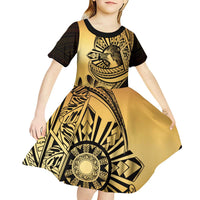 Philippines Eagle Sun Kid Short Sleeve Dress Filipino Agila Polynesian Tattoo Gold Color LT14 - Polynesian Pride