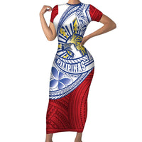 Philippines Eagle Sun Short Sleeve Bodycon Dress Filipino Agila Polynesian Tattoo Flag Color LT14 Long Dress Red - Polynesian Pride