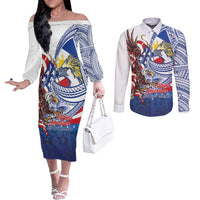 Filipino American History Month Couples Matching Off The Shoulder Long Sleeve Dress and Long Sleeve Button Shirt Philippines Agila USA Eagle Mix Flag