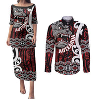 Personalised Aotearoa Bulldog Couples Matching Puletasi and Long Sleeve Button Shirt New Zealand Maori Taniko Art