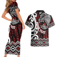 Personalised Aotearoa Bulldog Couples Matching Short Sleeve Bodycon Dress and Hawaiian Shirt New Zealand Maori Taniko Art