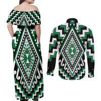 Green Aotearoa Taniko Poutama Patikitiki Couples Matching Off Shoulder Maxi Dress and Long Sleeve Button Shirt