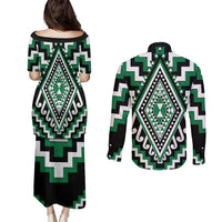 Green Aotearoa Taniko Poutama Patikitiki Couples Matching Puletasi and Long Sleeve Button Shirt LT14 - Polynesian Pride