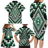 Green Aotearoa Taniko Poutama Patikitiki Family Matching Long Sleeve Bodycon Dress and Hawaiian Shirt