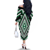 Green Aotearoa Taniko Poutama Patikitiki Family Matching Off The Shoulder Long Sleeve Dress and Hawaiian Shirt