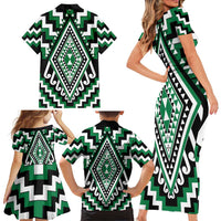 Green Aotearoa Taniko Poutama Patikitiki Family Matching Short Sleeve Bodycon Dress and Hawaiian Shirt