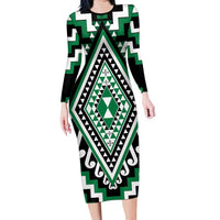 Green Aotearoa Taniko Poutama Patikitiki Long Sleeve Bodycon Dress