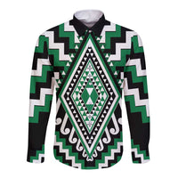 Green Aotearoa Taniko Poutama Patikitiki Long Sleeve Button Shirt LT14 Unisex Green - Polynesian Pride