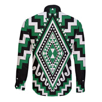 Green Aotearoa Taniko Poutama Patikitiki Long Sleeve Button Shirt LT14 - Polynesian Pride