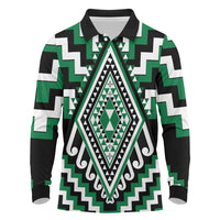 Green Aotearoa Taniko Poutama Patikitiki Long Sleeve Polo Shirt LT14 Green - Polynesian Pride
