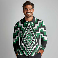 Green Aotearoa Taniko Poutama Patikitiki Long Sleeve Polo Shirt LT14 - Polynesian Pride