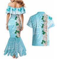 Cook Islands Tiare Maori With Conch Shell Couples Matching Mermaid Dress and Hawaiian Shirt Pasifika Fest Polynesian Tattoo Turquoise