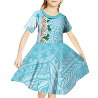 Cook Islands Tiare Maori With Conch Shell Kid Short Sleeve Dress Pasifika Fest Polynesian Tattoo Turquoise LT14 - Polynesian Pride
