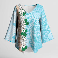Cook Islands Tiare Maori With Conch Shell Kimono Sleeve Blouse Pasifika Fest Polynesian Tattoo Turquoise LT14 Female Turquoise - Polynesian Pride