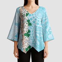 Cook Islands Tiare Maori With Conch Shell Kimono Sleeve Blouse Pasifika Fest Polynesian Tattoo Turquoise LT14 - Polynesian Pride