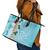 Cook Islands Tiare Maori With Conch Shell Leather Tote Bag Pasifika Fest Polynesian Tattoo Turquoise LT14 - Polynesian Pride