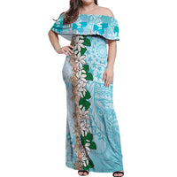 Cook Islands Tiare Maori With Conch Shell Off Shoulder Maxi Dress Pasifika Fest Polynesian Tattoo Turquoise LT14 Women Turquoise - Polynesian Pride