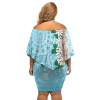 Cook Islands Tiare Maori With Conch Shell Off Shoulder Short Dress Pasifika Fest Polynesian Tattoo Turquoise LT14 - Polynesian Pride