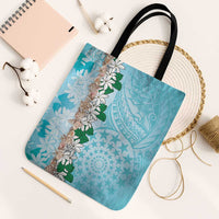 Cook Islands Tiare Maori With Conch Shell Tote Bag Pasifika Fest Polynesian Tattoo Turquoise LT14 Black Strap One Size Turquoise - Polynesian Pride