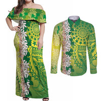 Cook Islands Tiare Maori With Conch Shell Couples Matching Off Shoulder Maxi Dress and Long Sleeve Button Shirt Pasifika Fest Polynesian Tattoo Green