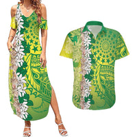 Cook Islands Tiare Maori With Conch Shell Couples Matching Summer Maxi Dress and Hawaiian Shirt Pasifika Fest Polynesian Tattoo Green