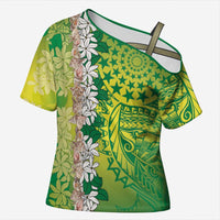 Cook Islands Tiare Maori With Conch Shell Cross Shoulder Shirt Pasifika Fest Polynesian Tattoo Green LT14 Female Green - Polynesian Pride