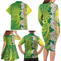 Cook Islands Tiare Maori With Conch Shell Family Matching Long Sleeve Bodycon Dress and Hawaiian Shirt Pasifika Fest Polynesian Tattoo Green