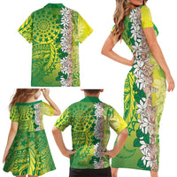 Cook Islands Tiare Maori With Conch Shell Family Matching Short Sleeve Bodycon Dress and Hawaiian Shirt Pasifika Fest Polynesian Tattoo Green