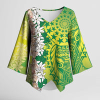 Cook Islands Tiare Maori With Conch Shell Kimono Sleeve Blouse Pasifika Fest Polynesian Tattoo Green LT14 Female Green - Polynesian Pride