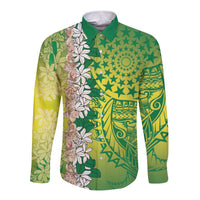 Cook Islands Tiare Maori With Conch Shell Long Sleeve Button Shirt Pasifika Fest Polynesian Tattoo Green LT14 Unisex Green - Polynesian Pride