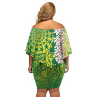 Cook Islands Tiare Maori With Conch Shell Off Shoulder Short Dress Pasifika Fest Polynesian Tattoo Green LT14 - Polynesian Pride