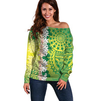 Cook Islands Tiare Maori With Conch Shell Off Shoulder Sweater Pasifika Fest Polynesian Tattoo Green LT14 Women Green - Polynesian Pride