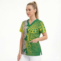 Cook Islands Tiare Maori With Conch Shell Scrub Top Pasifika Fest Polynesian Tattoo Green LT14 - Polynesian Pride